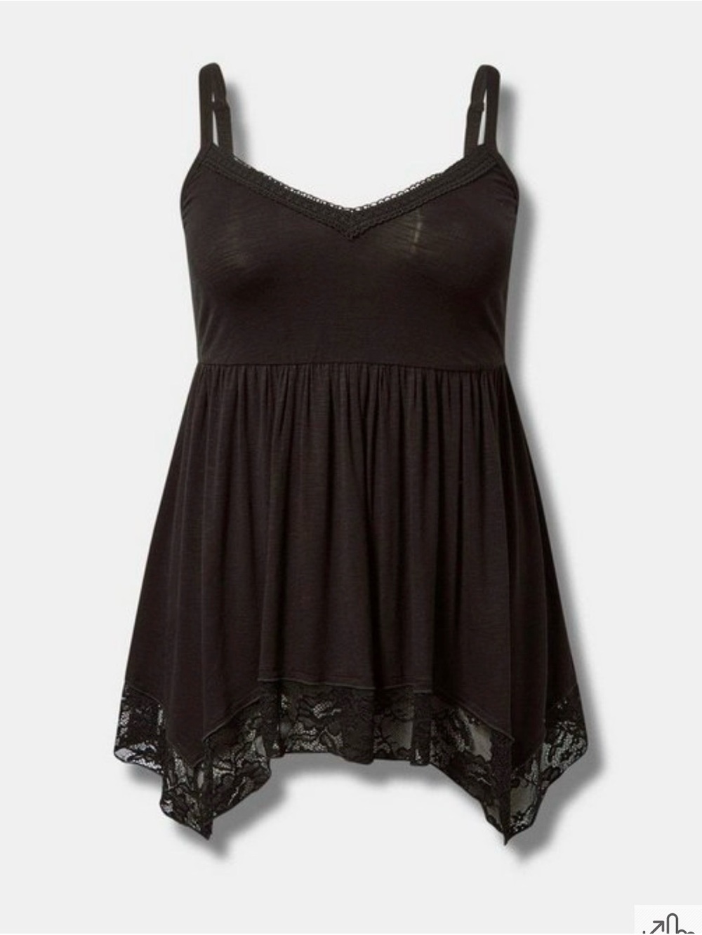 Black Lace-Trim Tank with Handkerchief Hem — Women's Cropped Style M/L 10